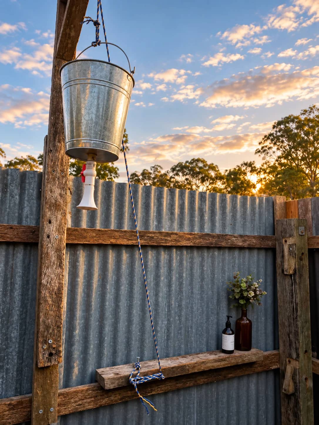The galvanised shower bucket hanging over the corrugated iron screen at sunset