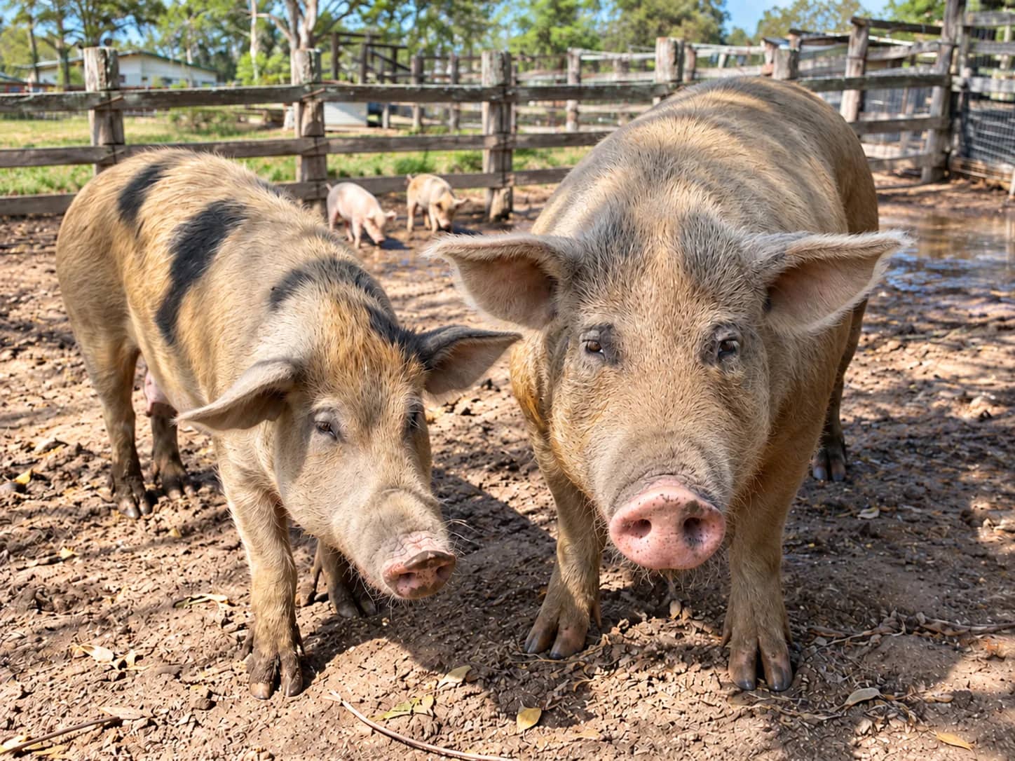 Two pigs in their muddy yard